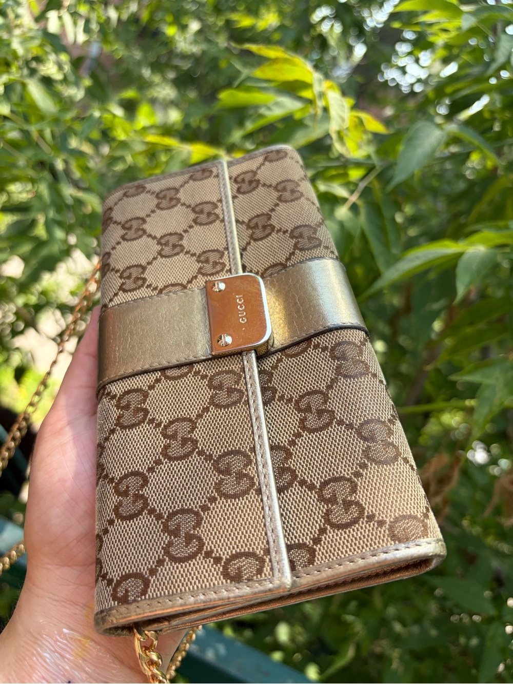 Gucci gunmetal GG Supreme Canvas (Chain) Wallet with original box